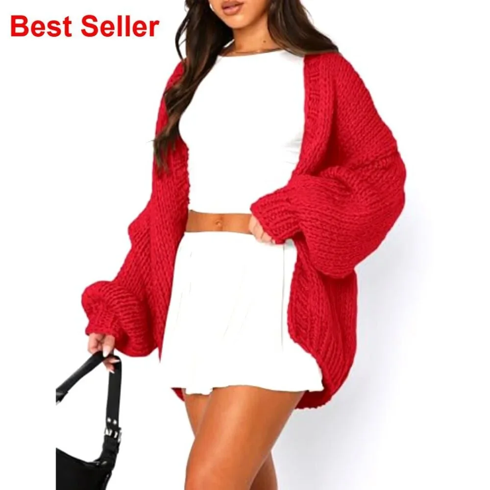 Chunky Knit Cardigan Sweater Long Sleeve Open Front Shawl Collar Loose Fit
